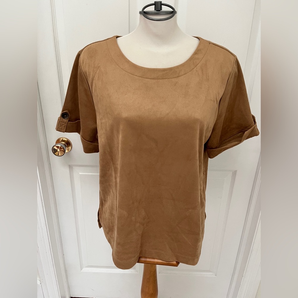 Banana Republic Brown/Camel Vegan Suede Cuffed Short Sleeve Top Size XL